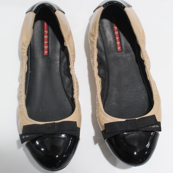 Prada Shoes - Prada Ballet Flats Tan Patent Leather Bow Cap Toe
